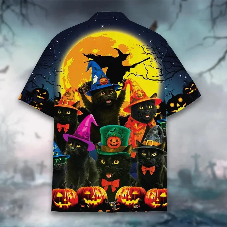 Halloween Hawaiian Shirt with Black Cat