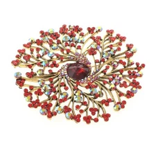 Antique Gold Tone Alloy Metal Extra Large Crystal Flower Brooch P1513-RED