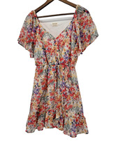 Peach Love Mini Dress S Faux Wrap coquette Floral Smocked Cottagecore spring