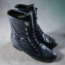 Justin Roper Womens Lace-up Kiltie Boots 6.5 B Black Leather Style L0506 Vintage