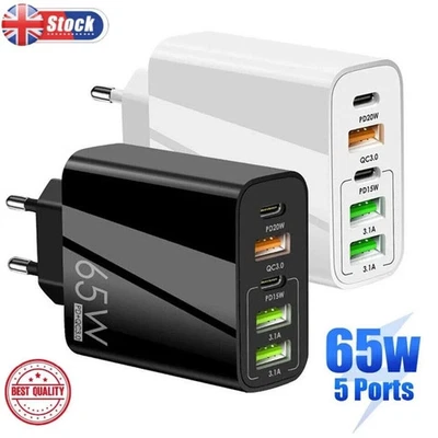 65W Quick Charger UK Plug Fast Wall Charger Power Adapter 5 Port USB-C PD Type C