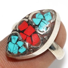 12gms Tibetan Turquoise Red Coral Nepali Tribal Gemstone Ring US FreeSize JW