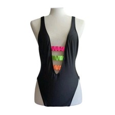 VINTAGE Barefoot Miss Black Plunge One-Piece Swimsuit w/ Neon Straps - Size M