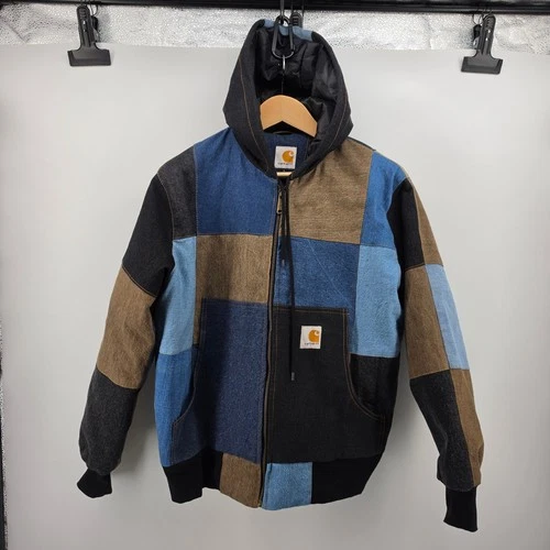 Carhartt Reworked Patchwork Denim Jacket Mens Large Hooded Quilted Lined Work video thumbnail