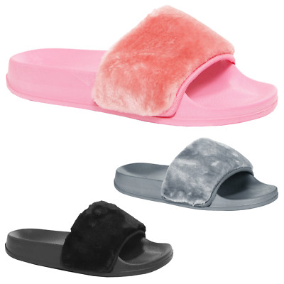 GIRLS SLIDERS FLATS CHILDRENS FLUFFY SLIP ON FUR MULE FLIP FLOPS SANDALS  SLIPPER UK - Main Image