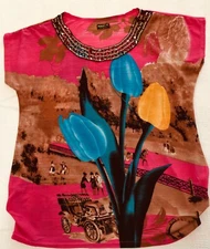 Paris Pink Women's Top Blouse Loose Flowing Colorful Sequins spring Tulips Sz M.