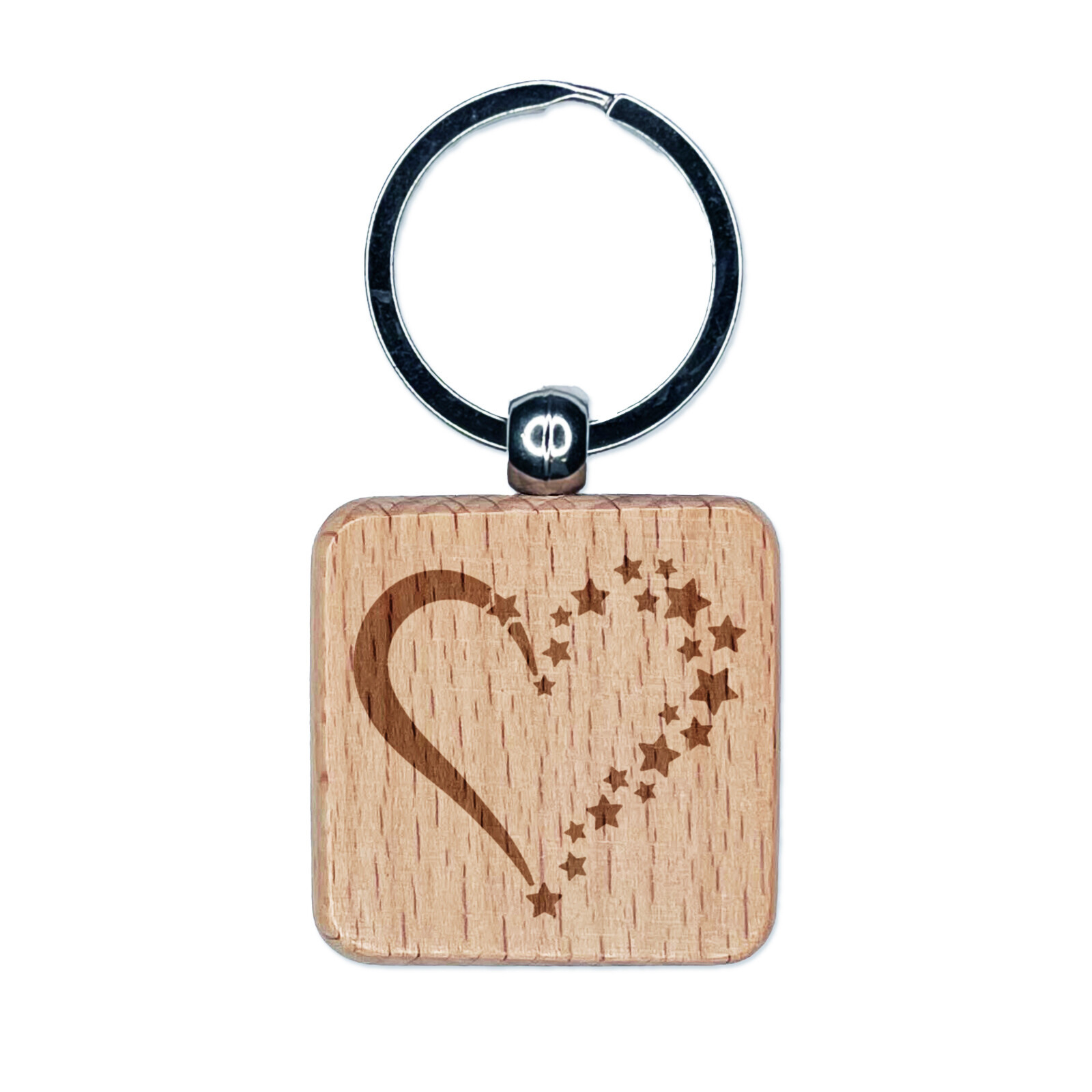 Stars Forming Heart Engraved Wood Square Keychain Tag Charm