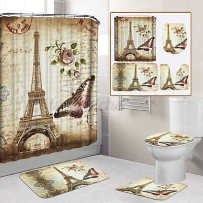 Paris Eiffel Tower Shower Curtain Bath Mat Toilet Cover Rug Bathroom Decor