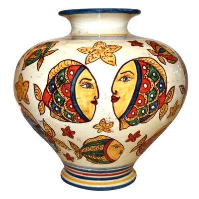 Deko Italienische Keramik Kugel Vase Überfang Handarbeit Fische Neu
