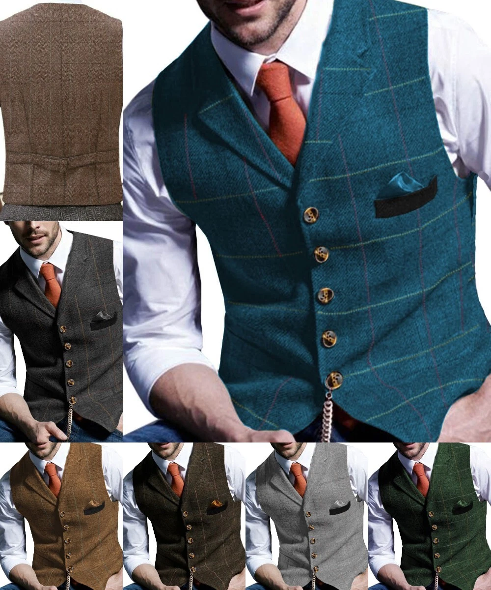 Mens Suit Vest Tweed Plaid Waistcoat Herringbone Wool Wedding Vintage Windowpane