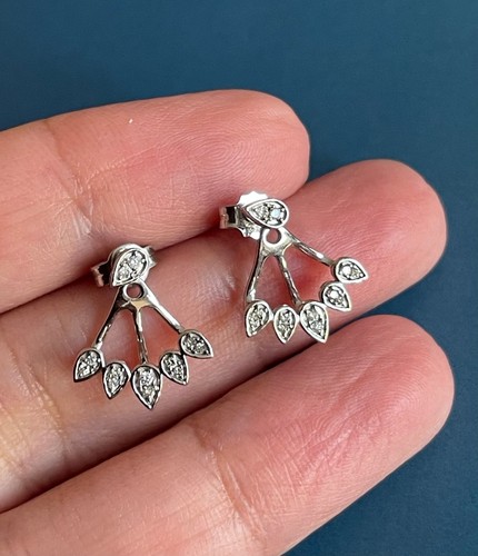 Pendientes de diamantes chaqueta de oro blanco de 9 quilates tachuelas de hoja 2 en 1 - Imagen 2 de 7