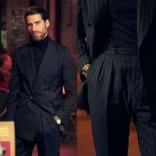 Black Striped Men's Suits Double Breasted Peak Lapel Wedding Groom Tuxedo 2Pcs