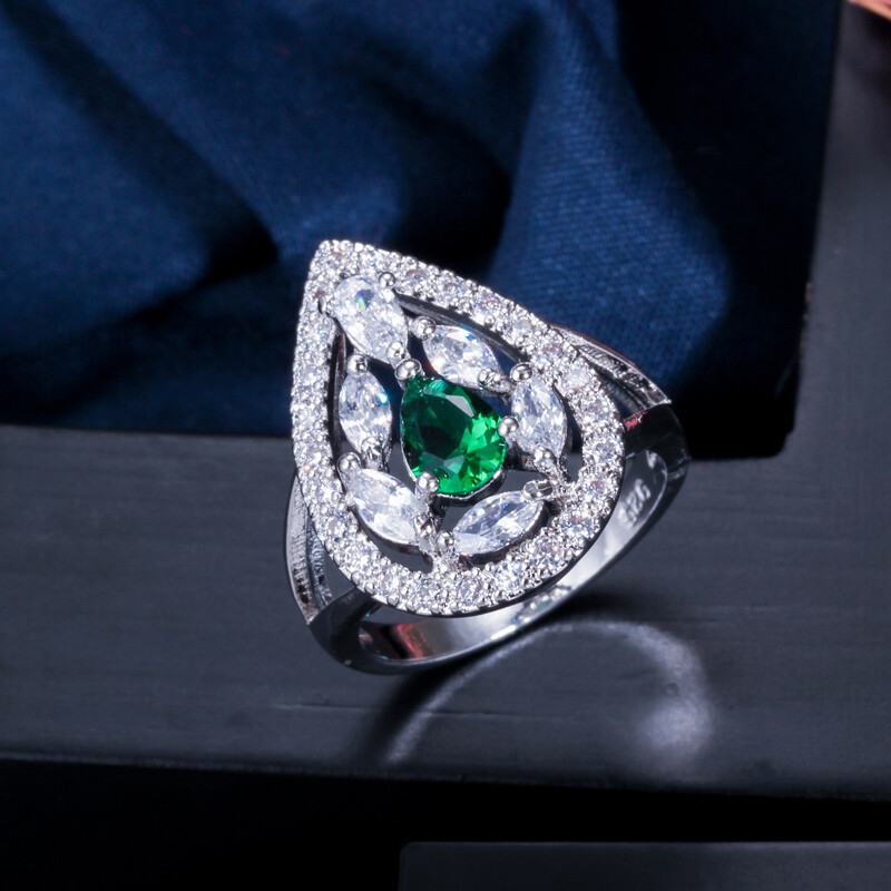 Silver Plated Hollow Water Drop CZ Ring for Women Elegant Costume Jewelry