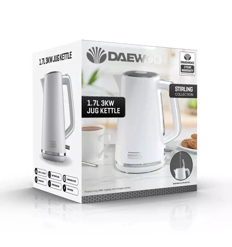 Daewoo Stirling Jug Kettle 1.7L Cordless Swivel Base 3KW Rapid Boil White