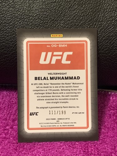 2023 UFC PANINI DONRUSS OPTIC BELAL MUHAMMAD OPTI-GRAPHS AUTO RED PRIZM SP#/199 - Picture 3 of 5