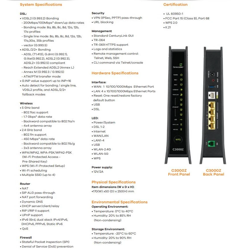 CenturyLink C3000Z AC2200 DSL Fiber Bonding Gateway Wireless Modem WiFi Router - Image 3 of 4