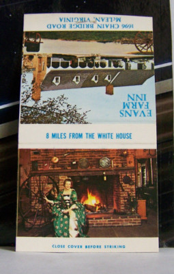 Rare Vintage Matchbook Cover F4 McClean Virginia Evans Farm Inn Dress Fireplace