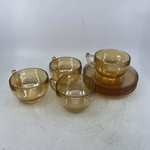 9 PC Vintage Smooth Marigold Carnival Glass Cup and Saucer Set