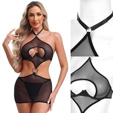 US Womens Lingerie With T-back Underwear Hollow Out Mini Dress Mesh Cover Ups