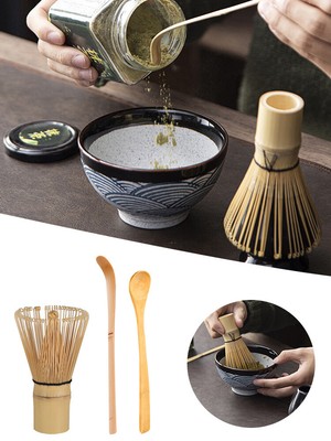 Matcha Making Kit - Bamboo Whisk (Chasen), Holder, Scoop & Spoon - Traditional Black Set