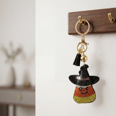 Halloween Candy Corn Witch Hat Keychain Bling Rhinestone Bag Charm Gift