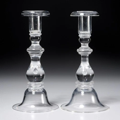 Pair Steuben Signed Crystal Art Glass Teardrop # 7792 Baluster 9" Candlesticks A