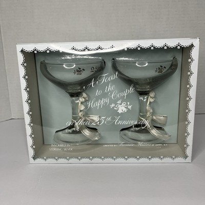 Vintage 25th Anniversary Sterling Silver Inscribed Champagne Glasses SEALED