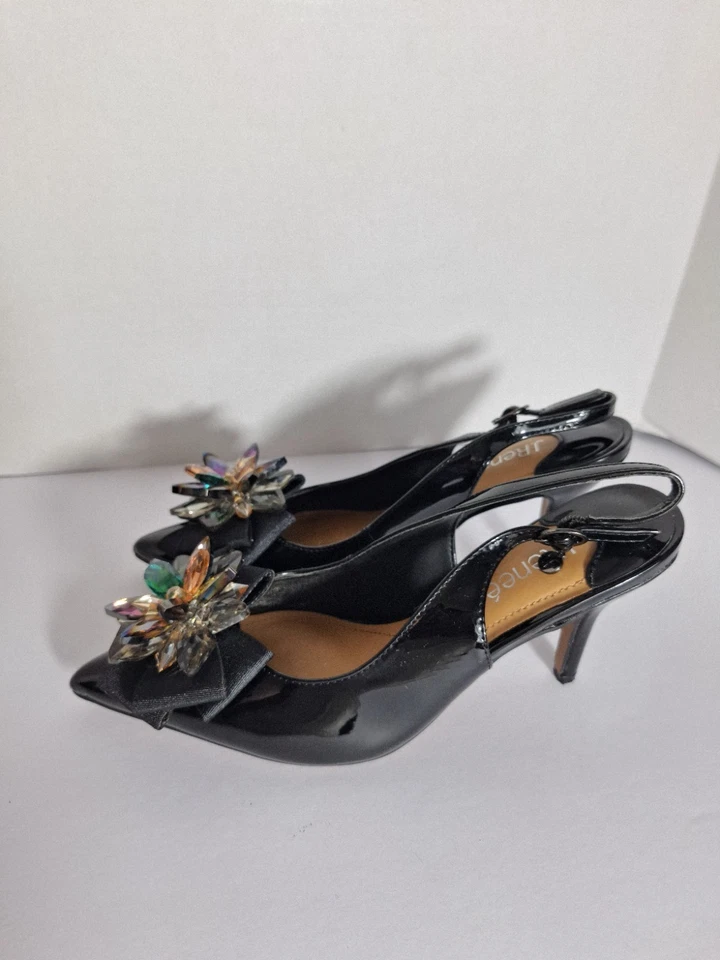 J. Renee Patent Leather Slingback Pumps Women's Sz 8 Black Bow Beaded Old Money - Image 4 of 4