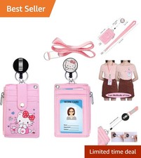 Stylish Retractable Lanyard ID Holder with Zipper Pocket 5 Slots Pink Cat