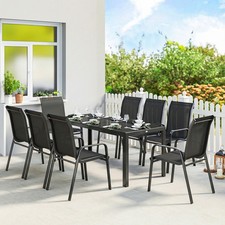 8 Seater Garden Dining Set with Stackable Chairs, Tempered Glass Top, Black