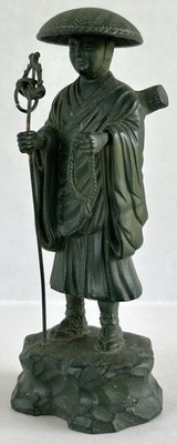 Japanese Buddhist Kukai Kobo Daishi Bronze Statue Green Patina 4 1/4''