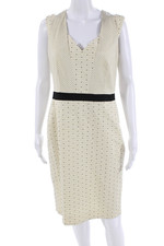 Piazza Sempione Womens Sheath Dress Beige Polka Dot V-Neck Midi Size 44