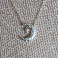 Texture 925 Sterling Silver Crescent Moon Star Pendant Necklace Celestial 