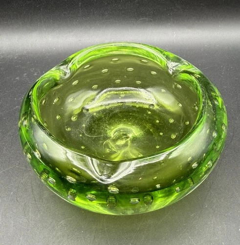 Murano Vintage Art Glass Ashtray Green Bowl Controlled Bubbles Bullicante