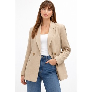Ann Taylor Linen Blend Double Breasted Blazer L Neutral Office Casual Preppy
