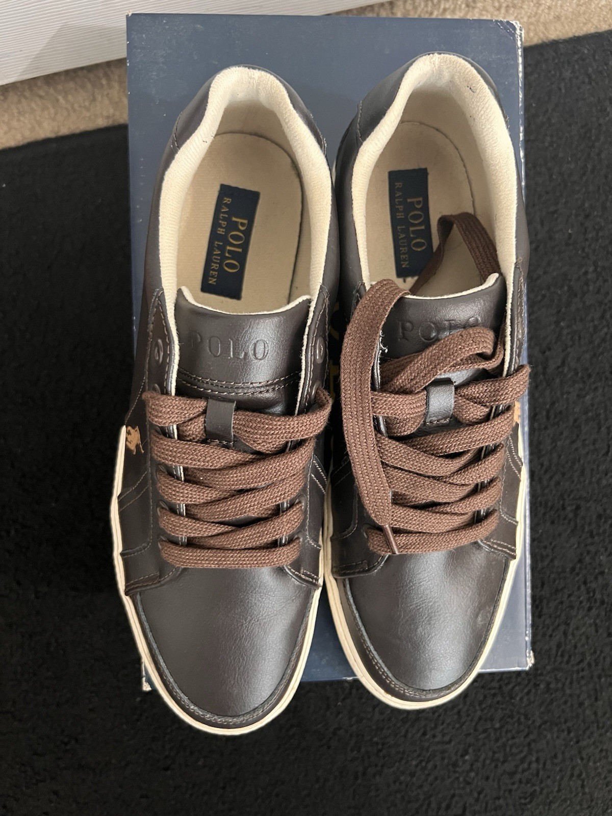 Polo Ralph Lauren HUGH pelle marrone taglia 10 5 D uomo sneakers basse pony