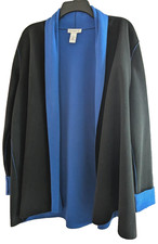 Susan Graver Open Front Blazer Chic Boutique Style Black Royal Blue Contrast