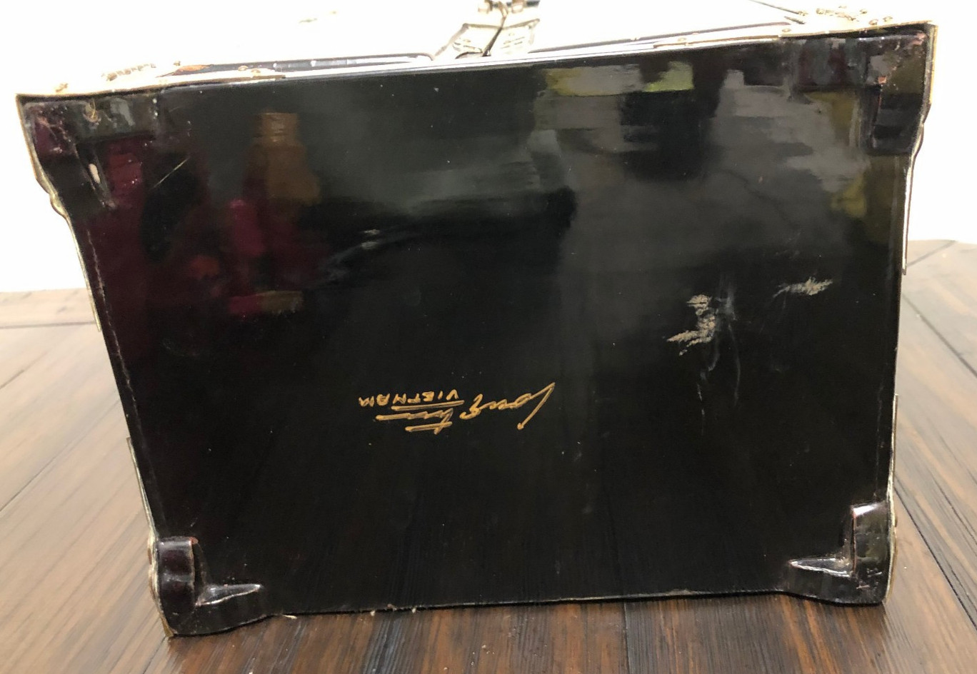 Vintage Asian/Vietnam Wood w/Black Laquer/Brass/Painted Fish/Jewelry Cabinet/Box