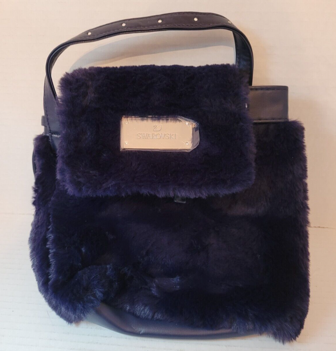 SWAROVSKI Dark Blue Fur and Leather Small Mini Backpack(PURSE-52-M