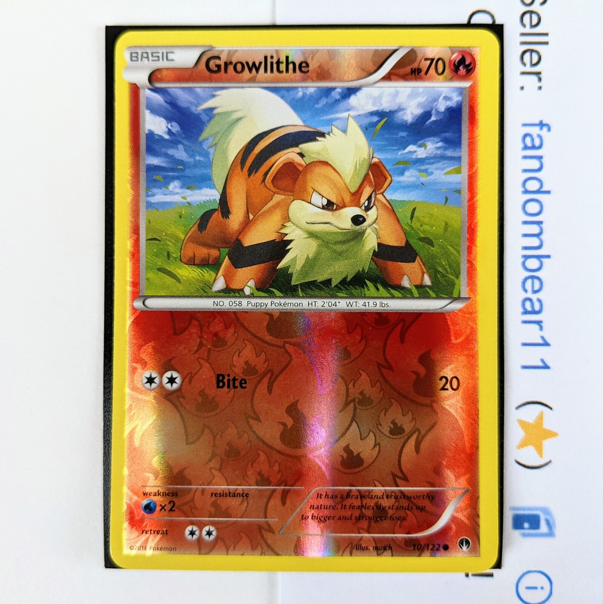 Growlithe - REVERSE HOLO card - 10/122 XY BREAKpoint 2016 Pokemon