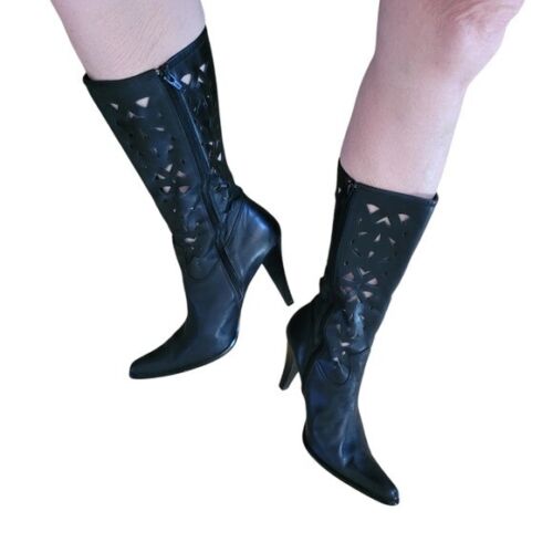 90's MIA Lacey Black Cut Out Pointed Toe Stilletto Heel Boots - Picture 2 of 10