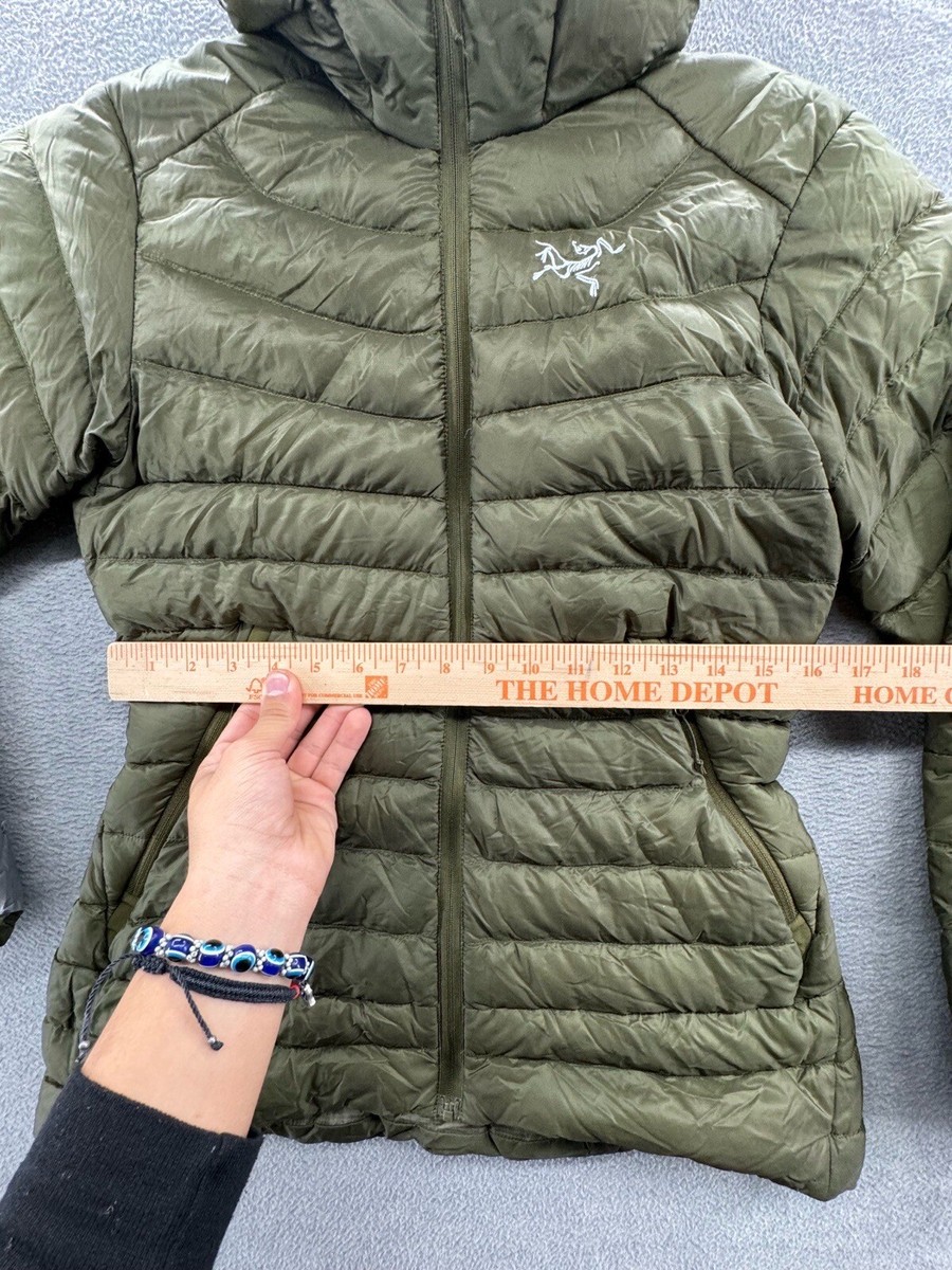 arcteryx womens size s green goose down hooded puffer jacket full zip flawed