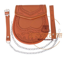 Scottish Handmade Real Tan Leather highland kilt Sporran with chain belt