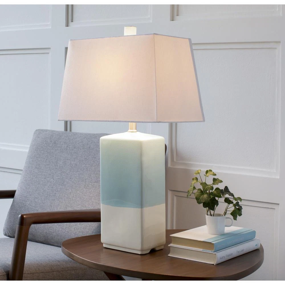 Aqua Blue and White Table Lamp w Glazed Ceramic Base and White