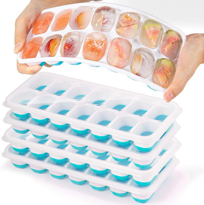 4 Pack Silicone Ice Cube Trays With Lid BPA Free 56-Ice Cubes Molds Blue