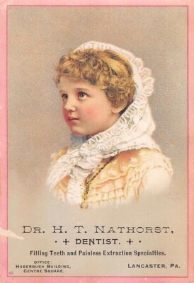 LANCASTER, PA, DENTIST DR. H.T. NATHORST AT CENTER SQ ADV TRADE CARD, 1880's  