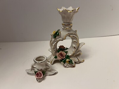 2 Vintage Dekor Dresden Germany porcelain rose themed candle holders 5  & 2 