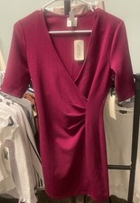 Forever 21 Red Burgundy 3/4 Sleeve Wrap Mini Dress V Neck Bodycon Sz S New!