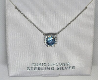 Sterling Silver Blue Cubic Zirconia Halo Pendant Necklace   New in Box