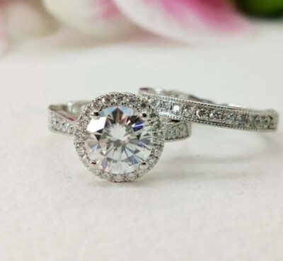 2.50Ct White Round Cut Moissanite Halo Bridal Ring Set 14K White Gold Size 8.5
